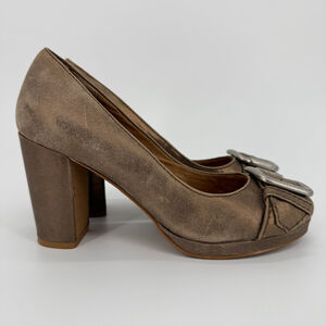 Fossil Bronze Block Heel Pumps with Silver Buckle Leather Size 8.5
